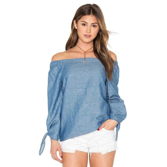 Free People Tops - Free People Show Some Shoulder Top Blouse M Off the Shoulder Linen Chambray Blue